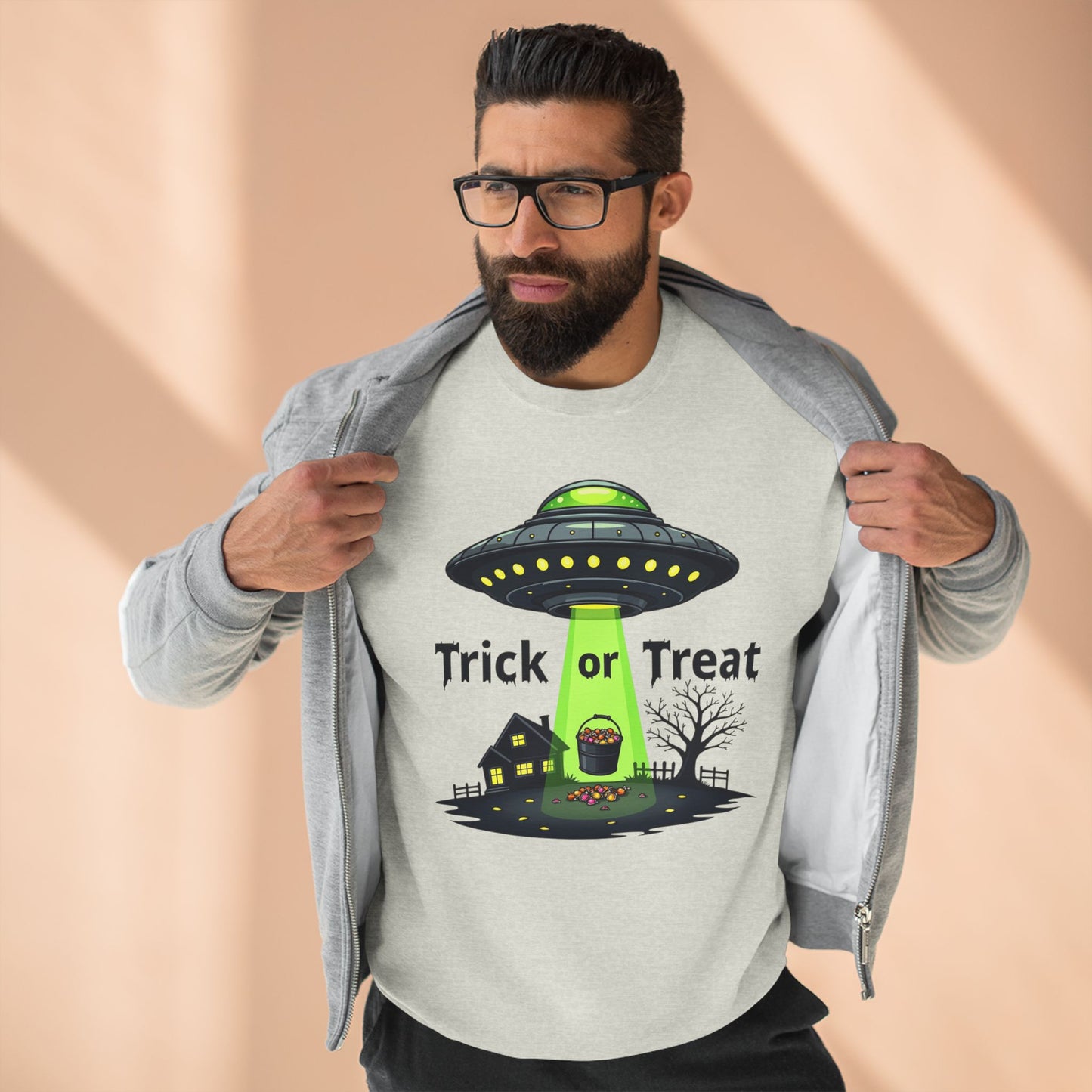 Halloween UFO Sweatshirt - "Trick or Treat" Alien Abduction Crewneck