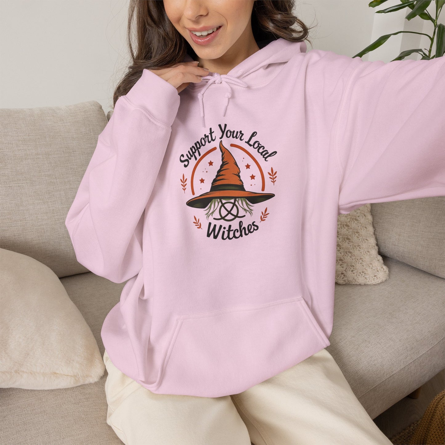 Support Your Local Witches Hoodie — Cute Witch Hat Graphic Pullover for Halloween