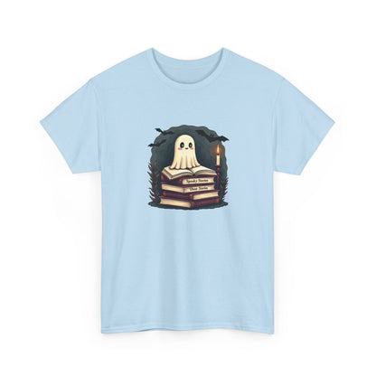 Ghost Reader T-Shirt — Cute Ghost on Stacked Books Halloween Tee