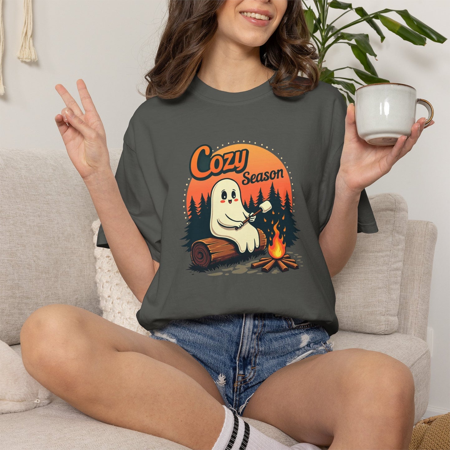 Cozy Season Ghost Tee — Campfire Autumn Graphic T-Shirt