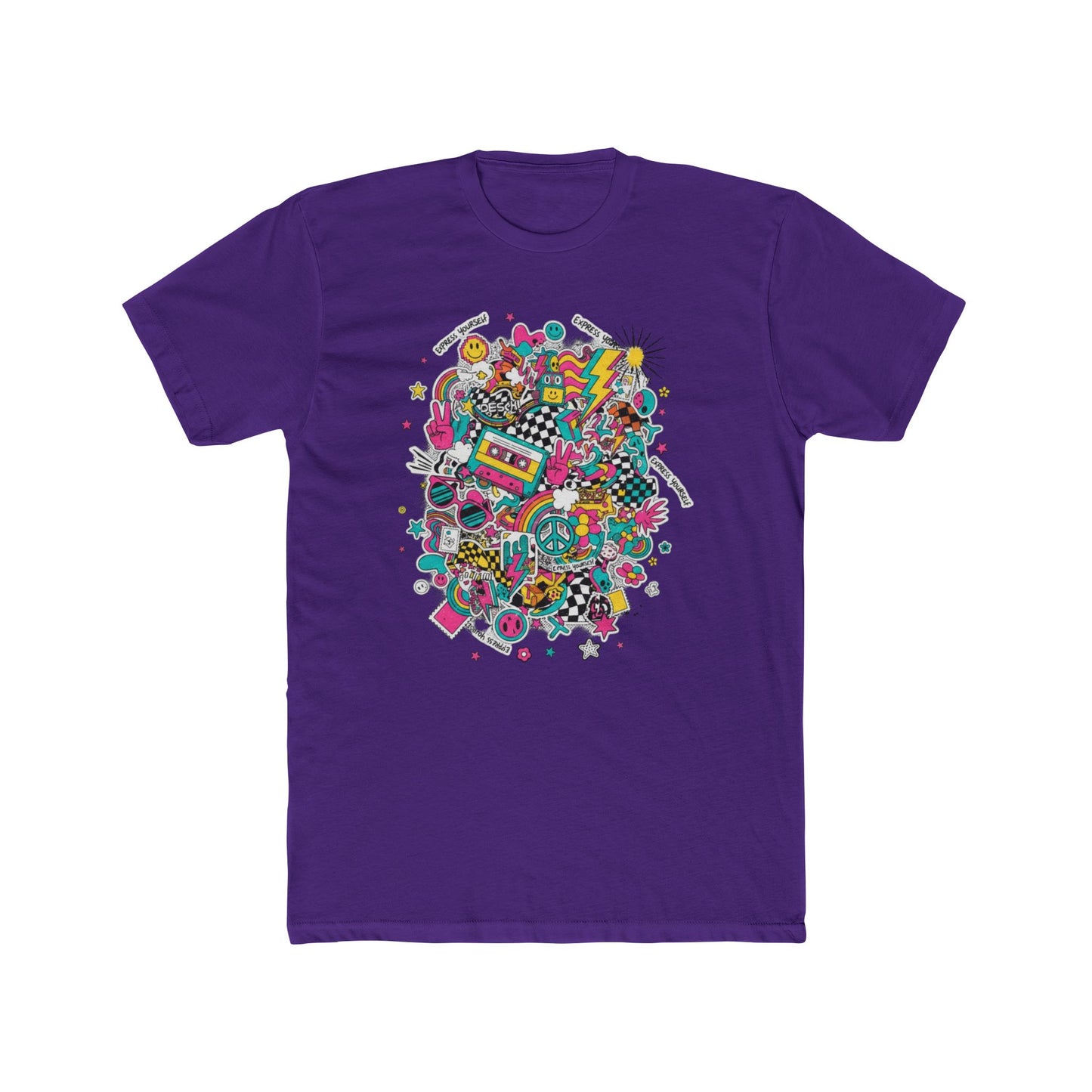 Retro 80’s Doodle Tee — Colorful Nostalgic Cassette & Arcade Graphic T-Shirt