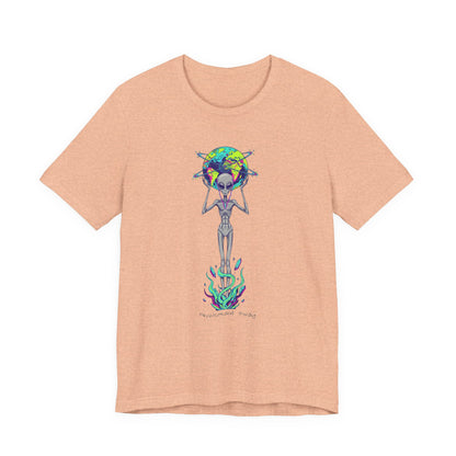 Alien Holding Earth Graphic Tee — Cosmic Sci‑Fi Alien Shirt