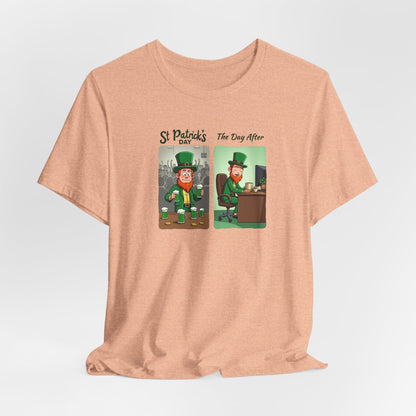 St. Patrick's Day Leprechaun Funny Cartoon T-Shirt — "St. Patrick's Day / The Day After" Tee
