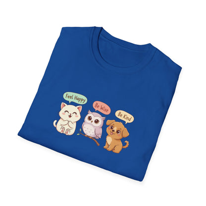 Cute Kawaii Pets T-Shirt — 'Feel Happy, Be Wise, Be Kind' Cartoon Cat Owl Dog Tee