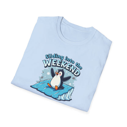 Sliding Penguin, Weekend Vibes T-Shirt, Funny Graphic Tee, Penguin Design Shirt, Casual Apparel, Unisex Softstyle T-Shirt - Psychonaut Swag