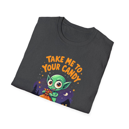 Trick or Treat Alien, T-Shirt, Cute Graphic Tee, Trick or Treat Shirt, Unisex Halloween Apparel, Fun Holiday Outfit