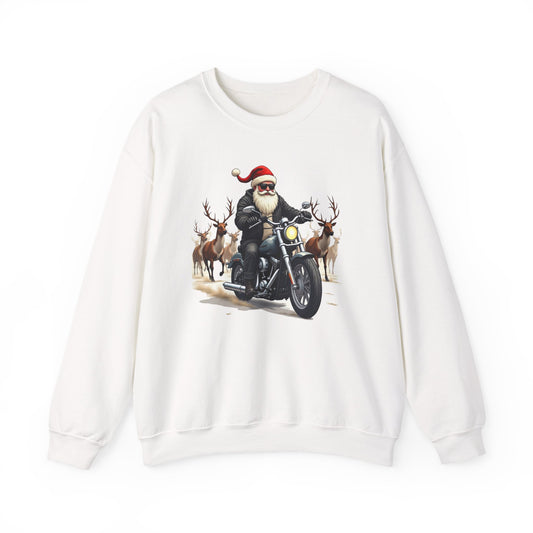 Santa on Motorcycle in Reindeer Stampede — Biker Santa Christmas Crewneck