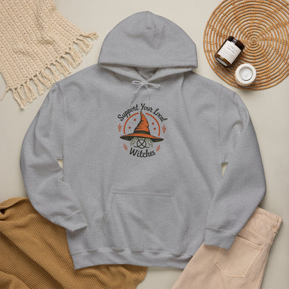 Support Your Local Witches Hoodie — Cute Witch Hat Graphic Pullover for Halloween