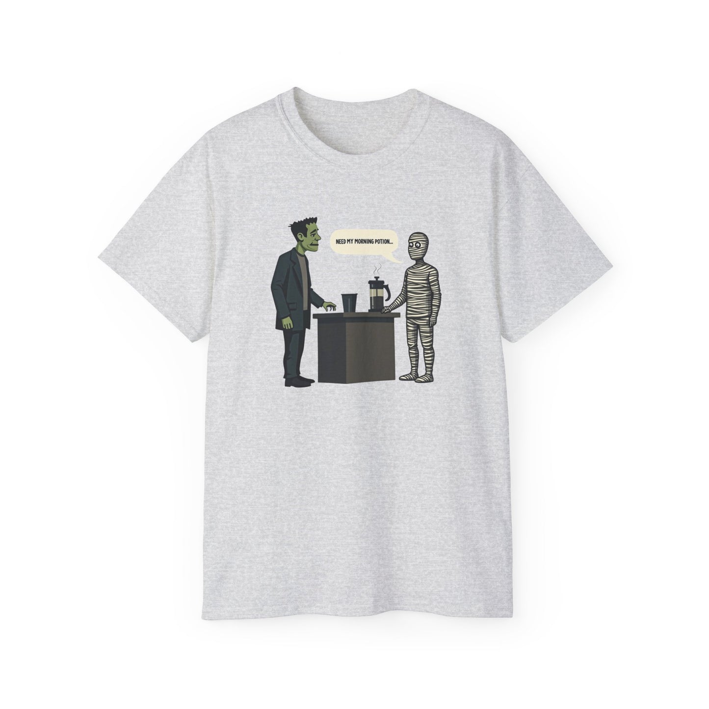 Funny Halloween Tee — Frankenstein & Mummy Coffee Joke Shirt