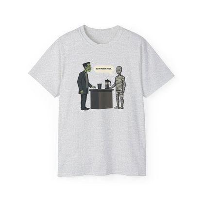 Funny Halloween Tee — Frankenstein & Mummy Coffee Joke Shirt