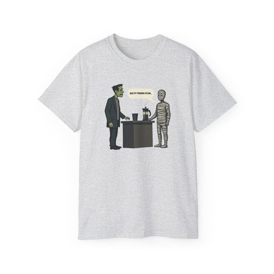Funny Halloween Tee — Frankenstein & Mummy Coffee Joke Shirt