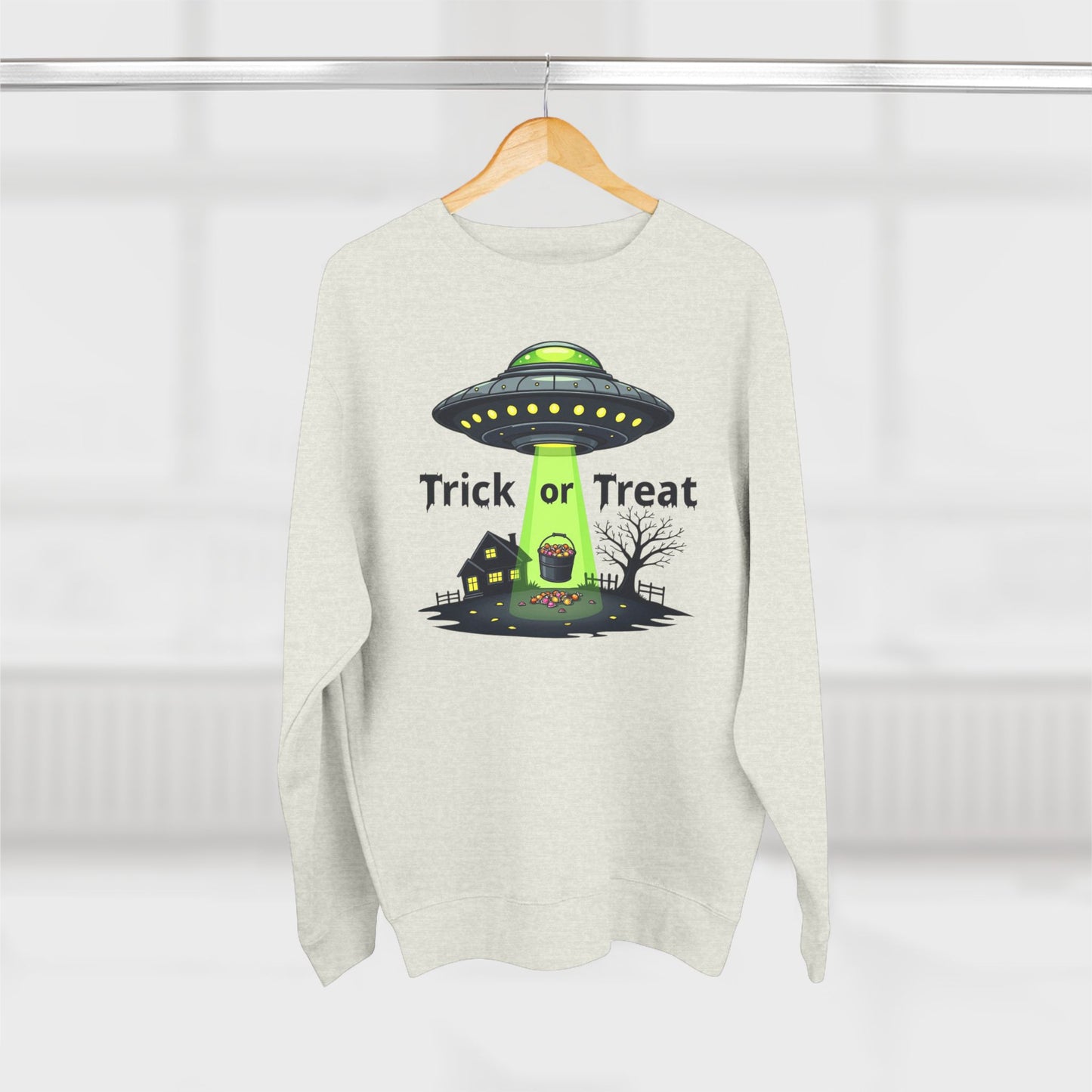 Halloween UFO Sweatshirt - "Trick or Treat" Alien Abduction Crewneck
