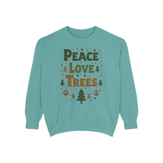 Peace Love Trees Sweatshirt — Eco Holiday Tree Graphic Sweatshirt