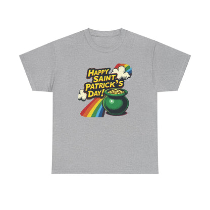 Saint Patrick's Day Tee — "Happy Saint Patrick's Day!" Pot of Gold Rainbow T-Shirt