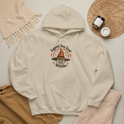 Support Your Local Witches Hoodie — Cute Witch Hat Graphic Pullover for Halloween