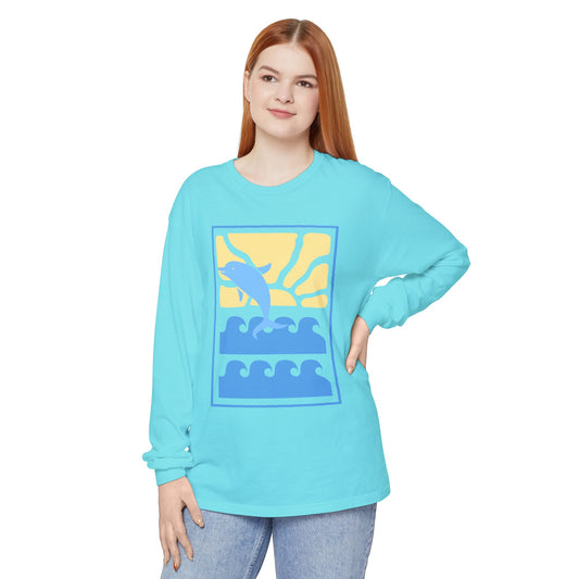 Sunset Dolphin Unisex Garment-dyed Long Sleeve T-Shirt - Psychonaut Swag