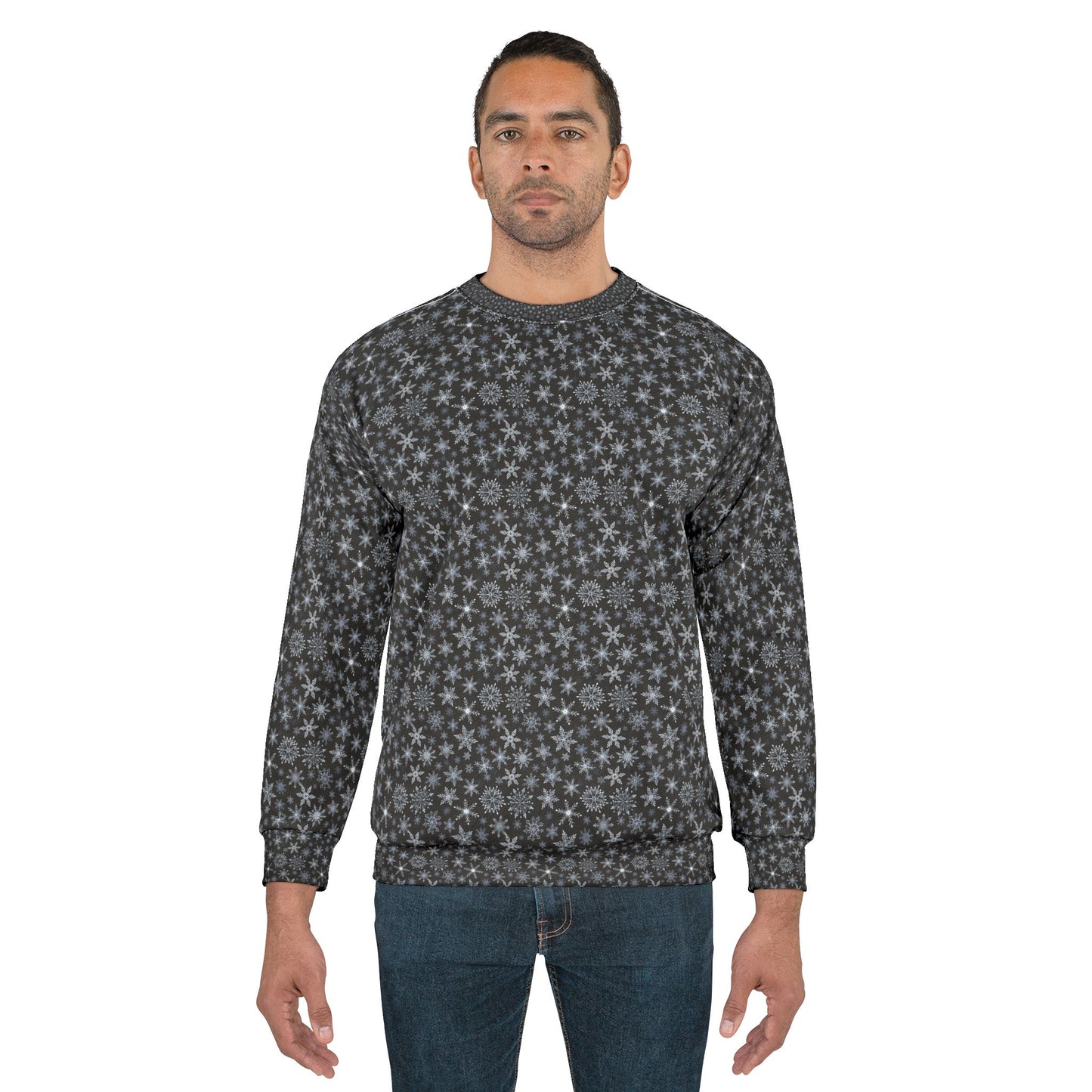 Snowflake Pattern Sweatshirt — Black Winter Snowfall Crewneck