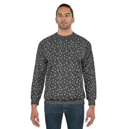 Snowflake Pattern Sweatshirt — Black Winter Snowfall Crewneck