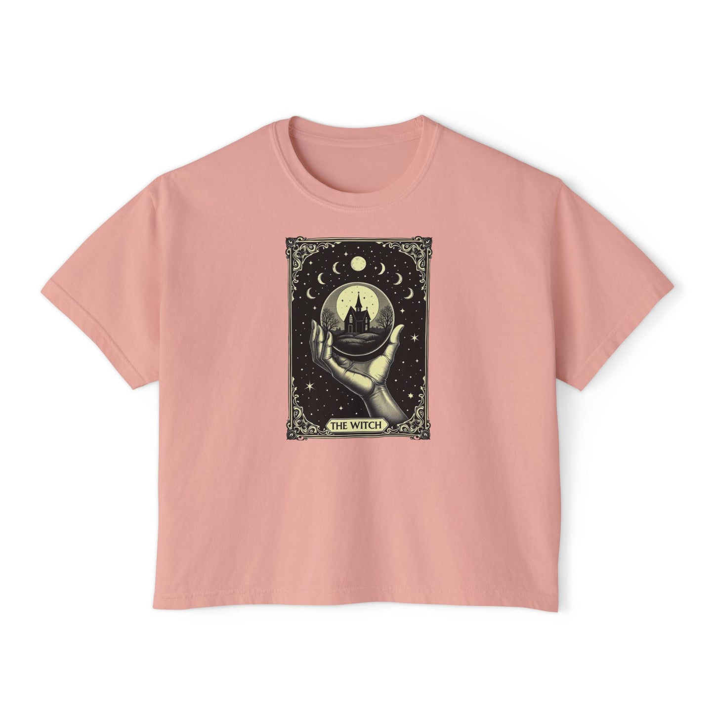 Witch Tarot Boxy Tee - Mystic Crystal Ball Graphic Women’s Crop Shirt