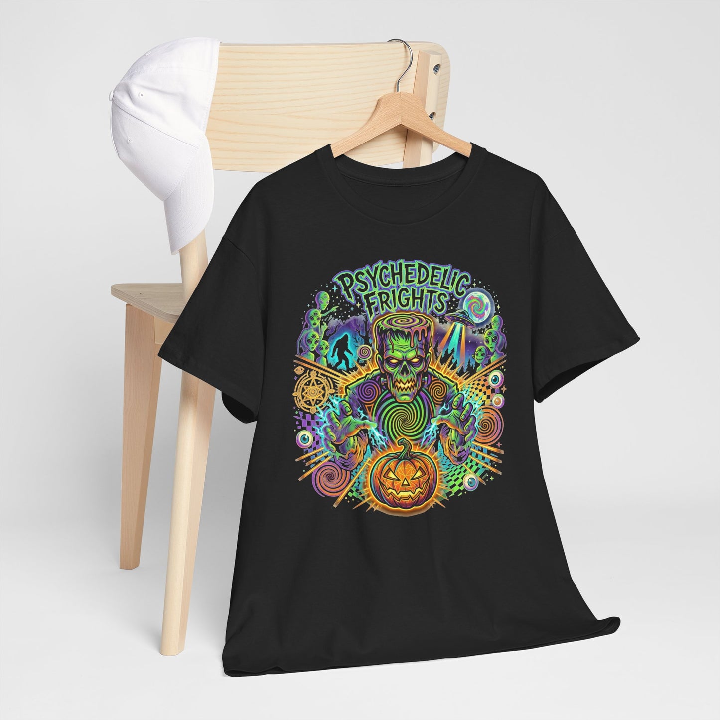 Psychedelic Monsters Halloween Tee — Spooky Pumpkin and Sasquatch Horror Graphic T-Shirt
