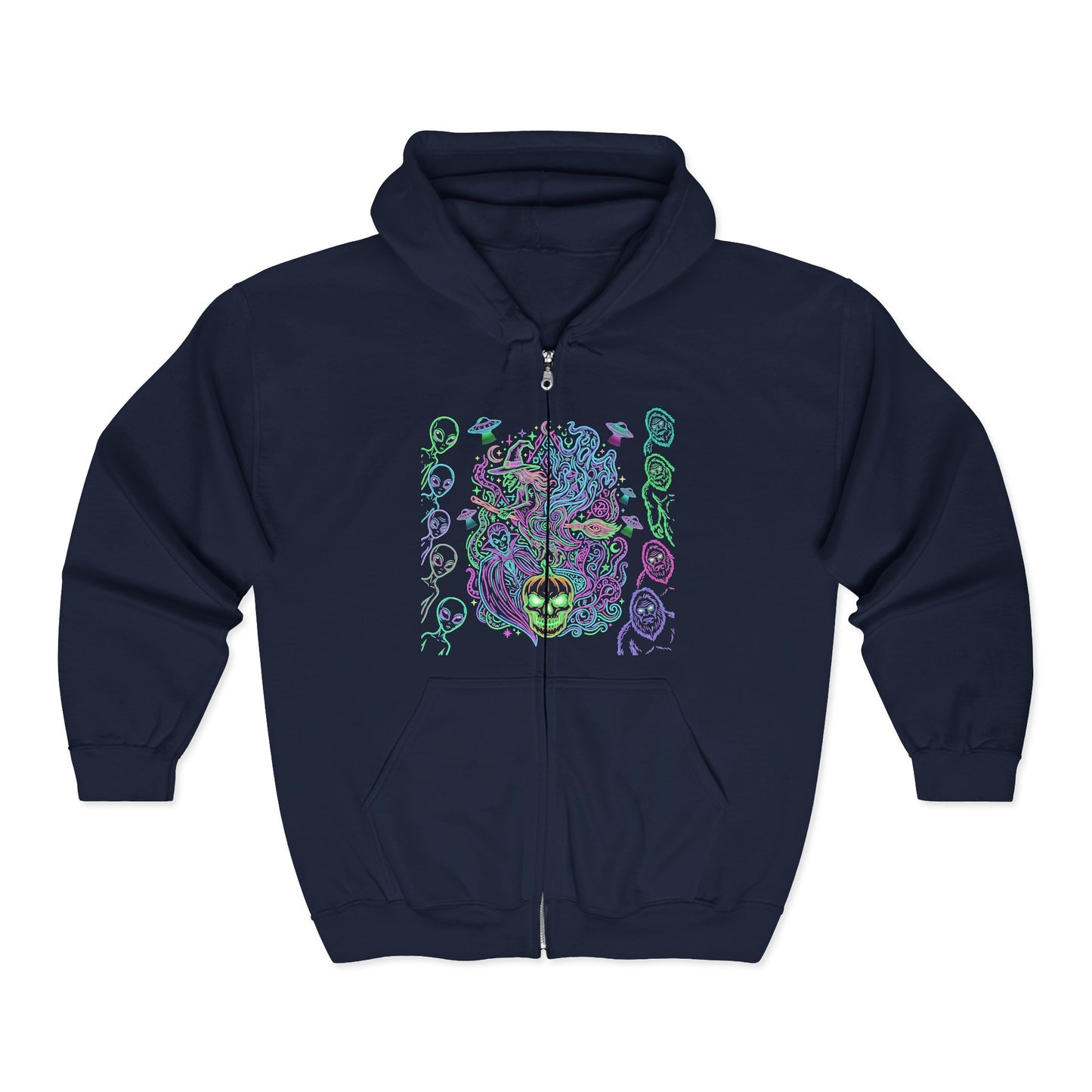 Psychedelic Watchers and Monsters,  Halloween Zip Hoodie — Neon Trippy Alien Art Full‑Zip Sweatshirt