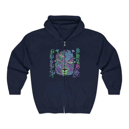 Psychedelic Watchers and Monsters,  Halloween Zip Hoodie — Neon Trippy Alien Art Full‑Zip Sweatshirt