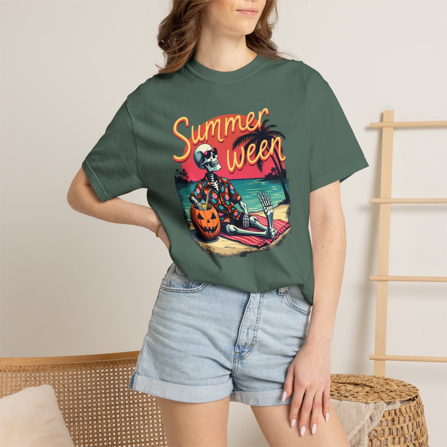 T-Shirt — "Summerween" Beach Skeleton Halloween Graphic Tee