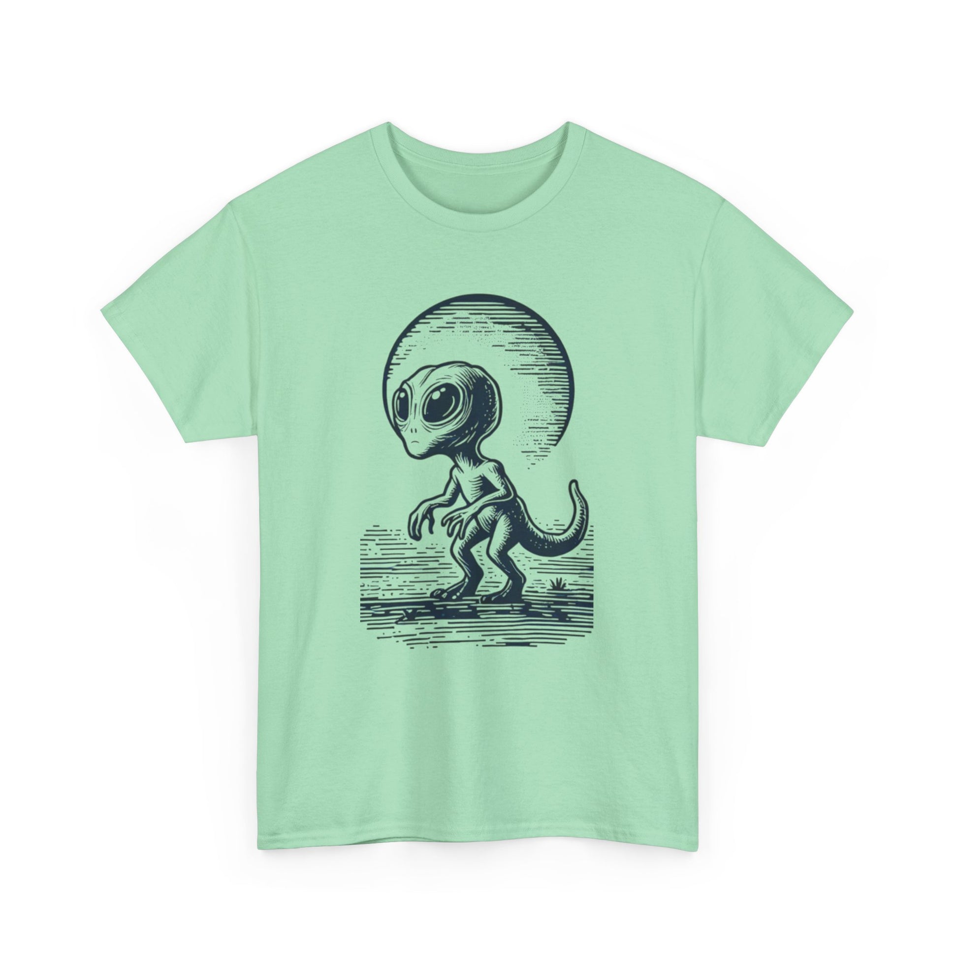Dinosaur Hybrid, Graphic Unisex Heavy Cotton Tee | UFO Lover T-Shirt | Space-Themed Apparel - Psychonaut Swag