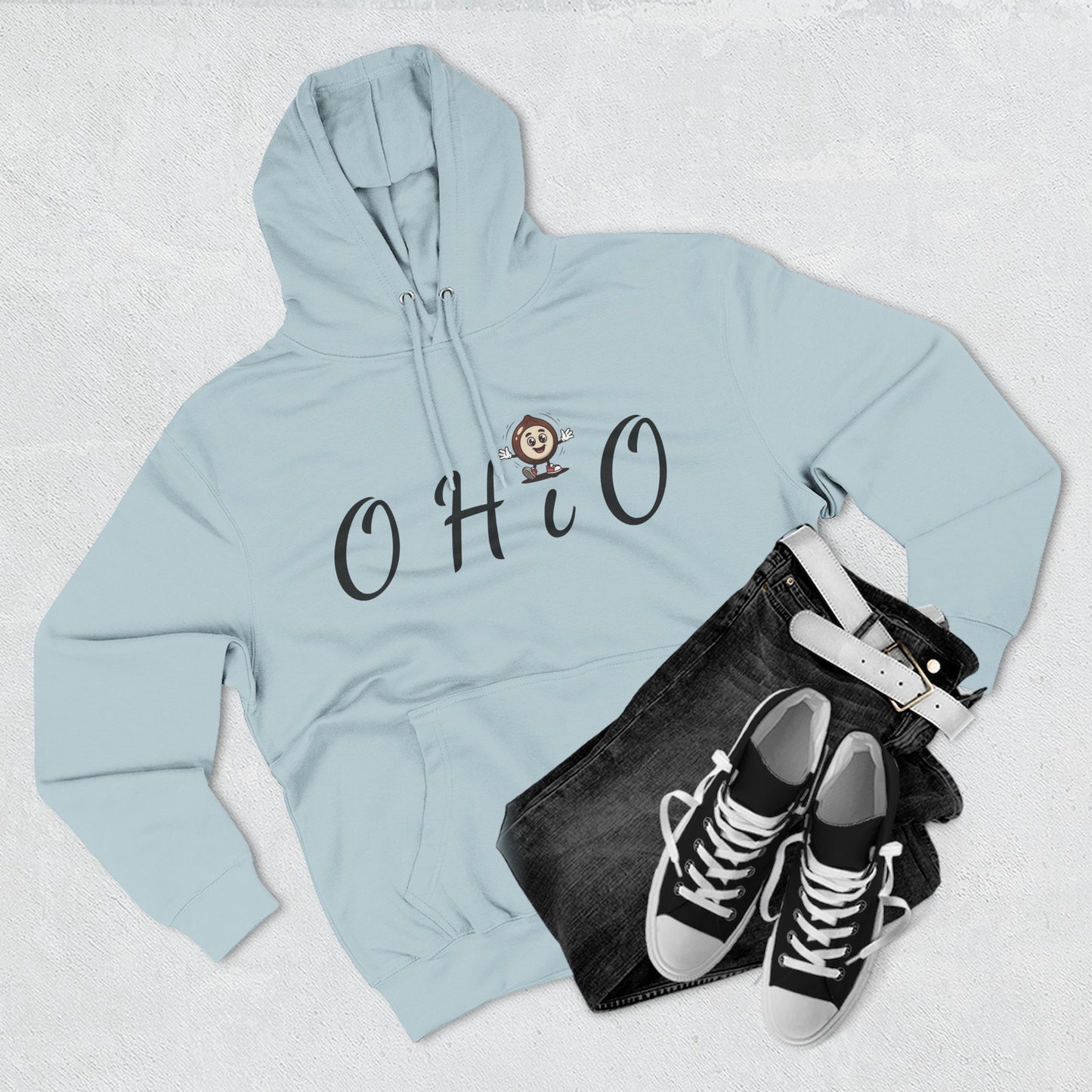 Ohio Script Hoodie with Cute Buckeye Mascot