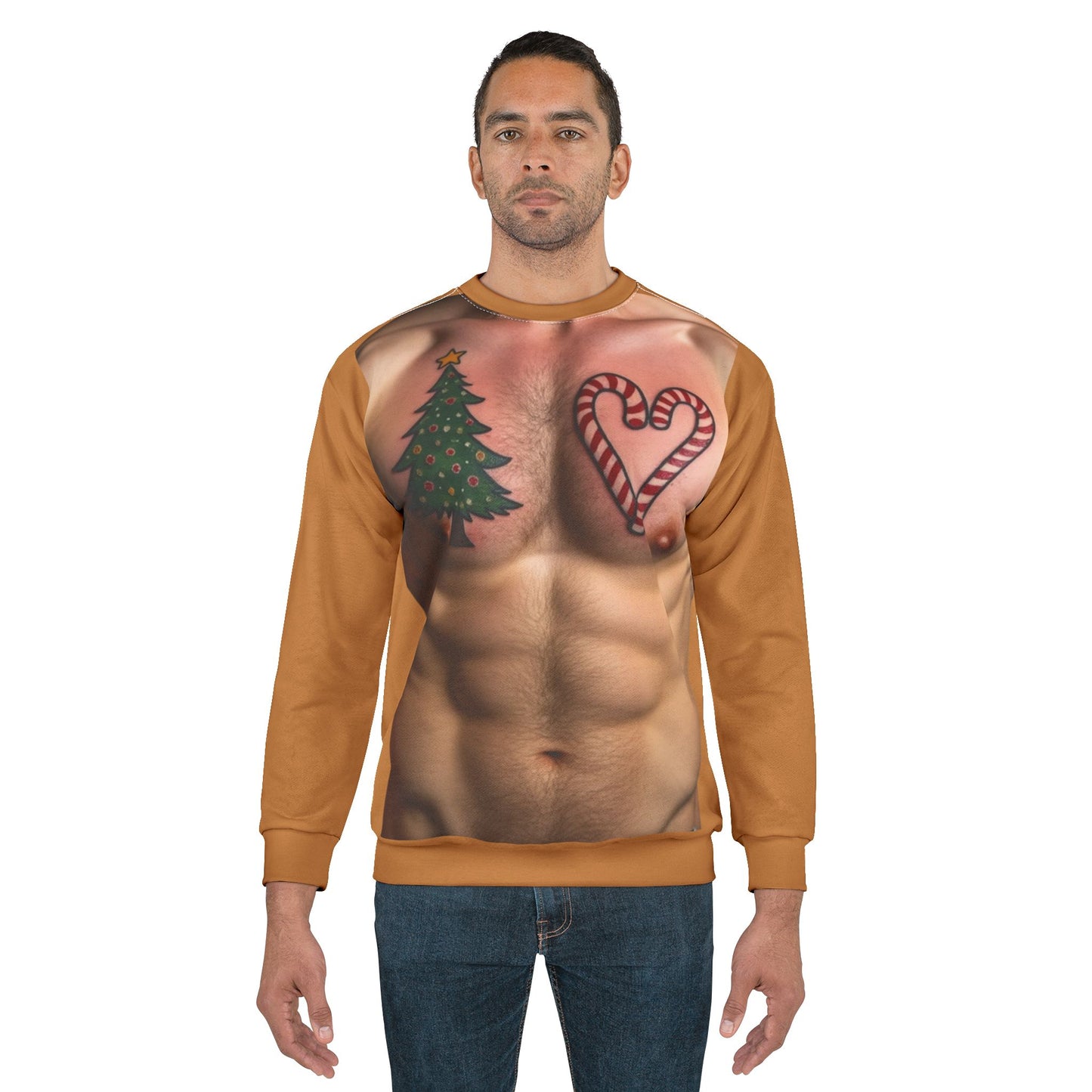 Christmas Tattoo Chest Ugly Sweatshirt — Candy Cane, Tree & Cookies Holiday Sweater