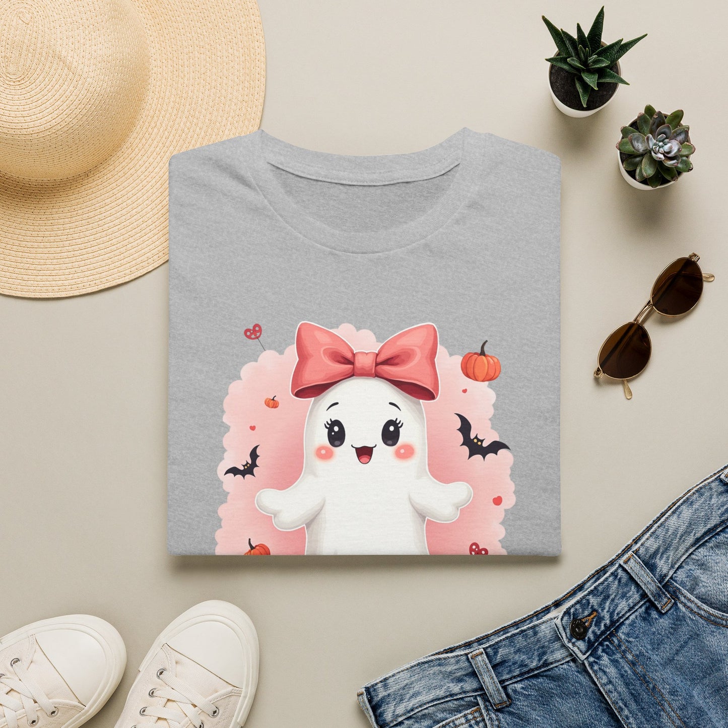 Cute Halloween Ghost T-Shirt — Pink Bow Ghost with Pumpkins & Bats