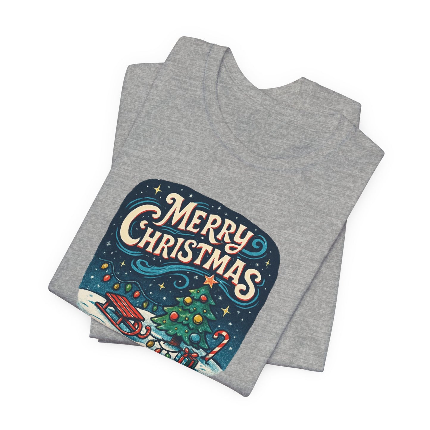 Merry Christmas Tee — Vintage Holiday Tree & Sled Graphic T-Shirt