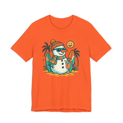 Frosty on Vacation Graphic Tee — Surfing Snowman with Drink Summer Holiday T-Shirt