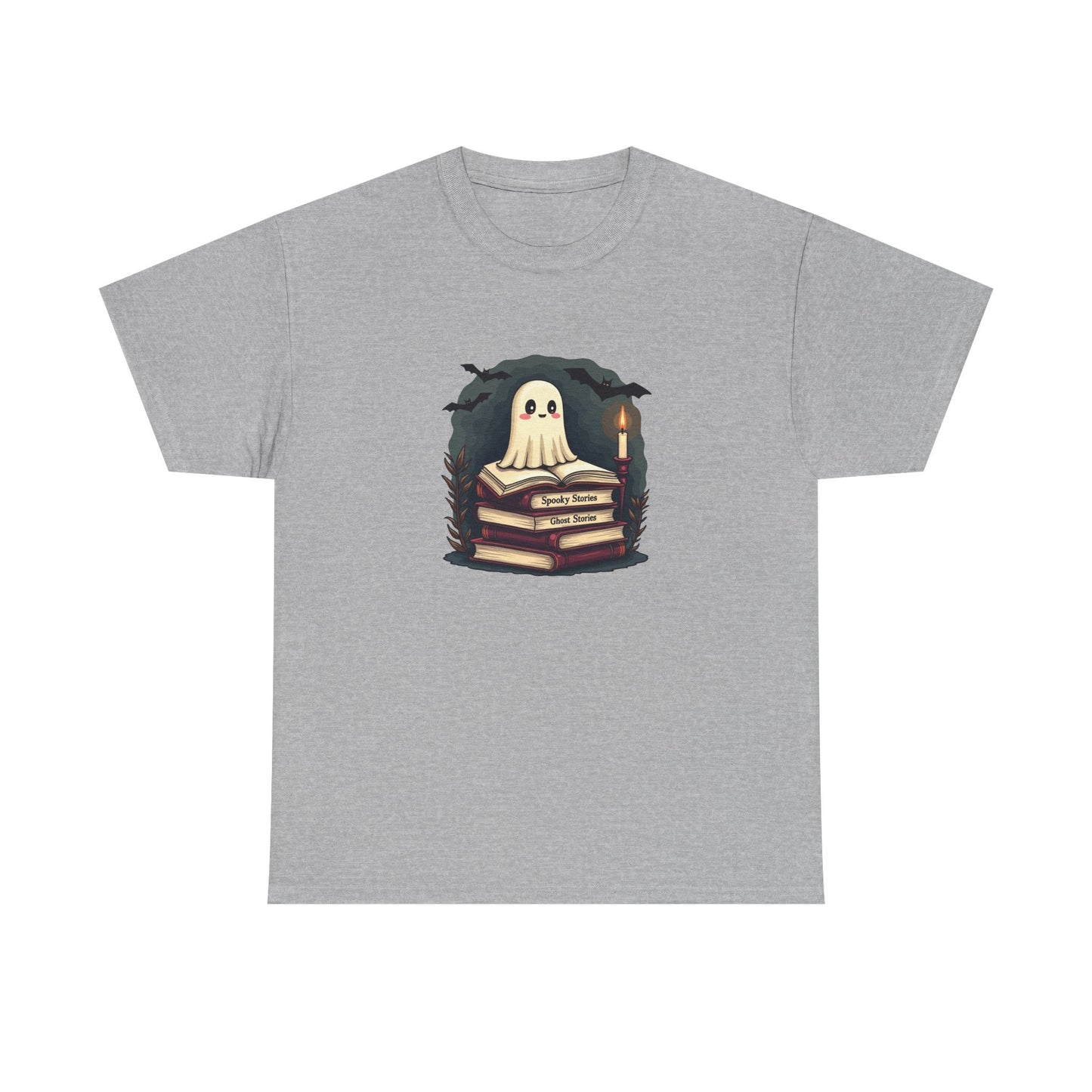 Ghost Reader T-Shirt — Cute Ghost on Stacked Books Halloween Tee