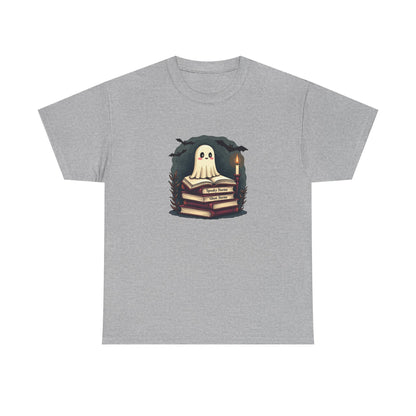 Ghost Reader T-Shirt — Cute Ghost on Stacked Books Halloween Tee
