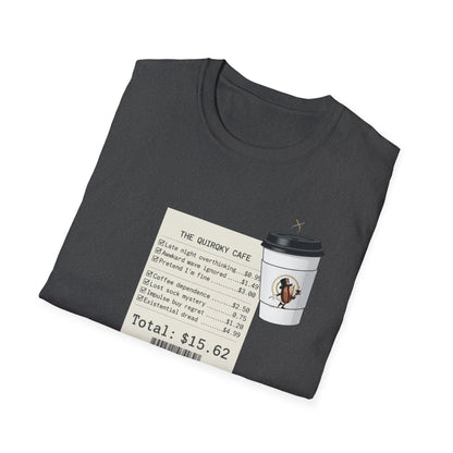 Coffee Receipt T-Shirt — 'The Quirky Cafe' Funny Coffee Order Receipt Tee