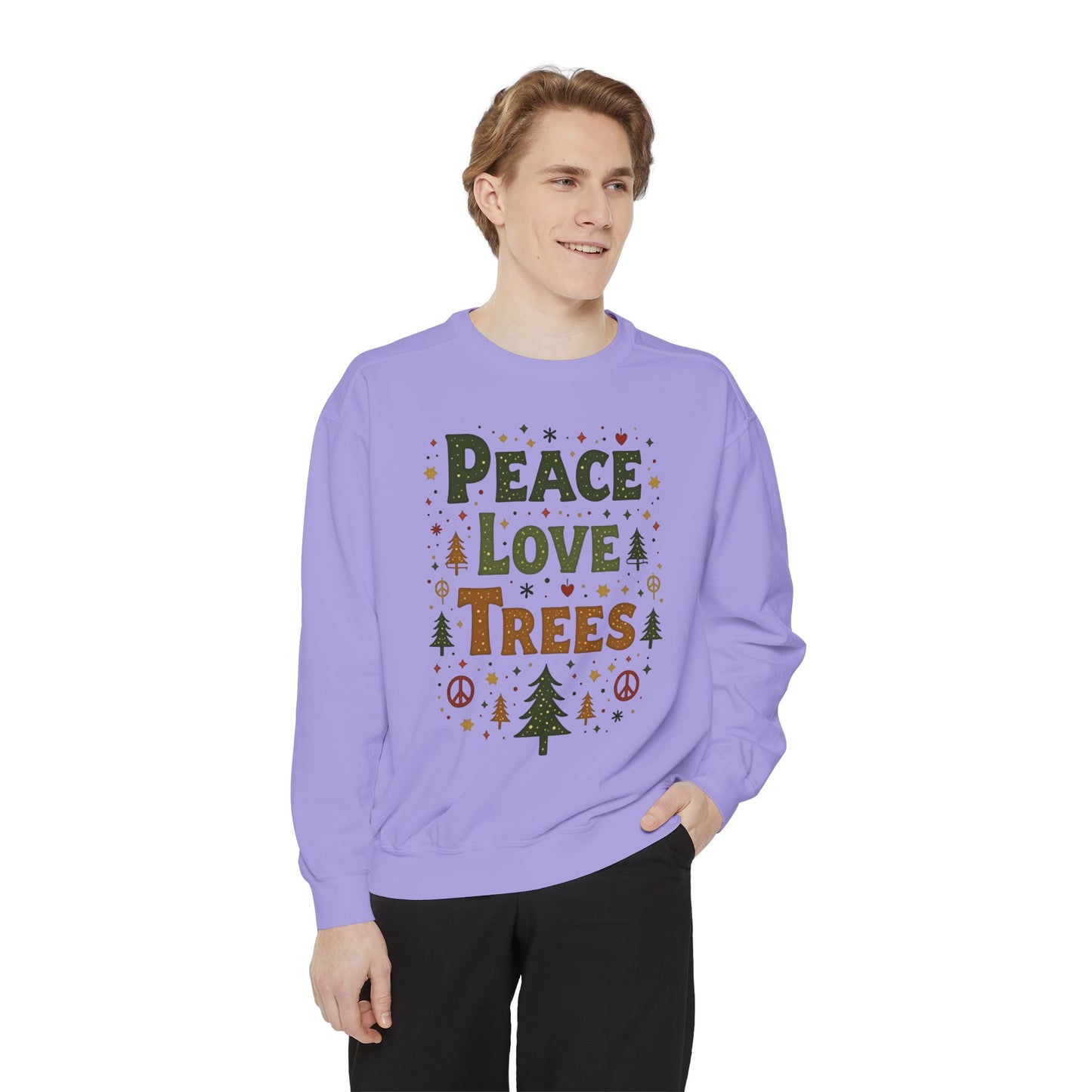 Peace Love Trees Sweatshirt — Eco Holiday Tree Graphic Sweatshirt