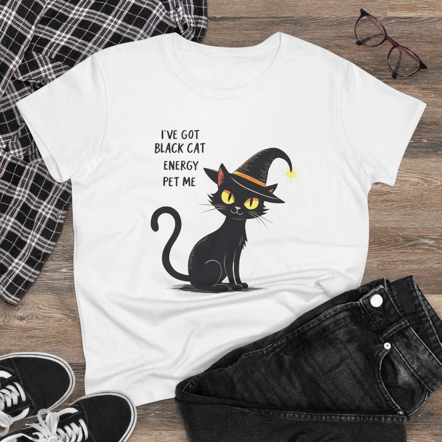 Black Cat Energy Tee — Cute Witchy Women's T-Shirt ("I've Got Black Cat Energy — Pet Me")