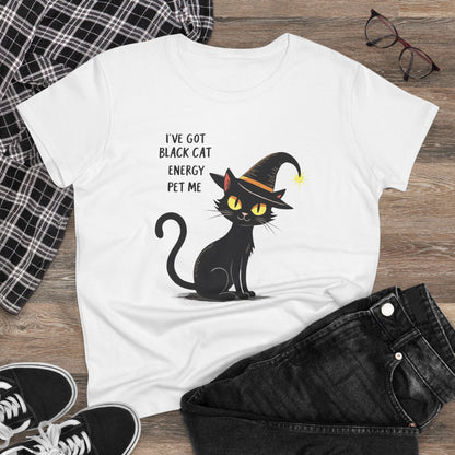 Black Cat Energy Tee — Cute Witchy Women's T-Shirt ("I've Got Black Cat Energy — Pet Me")