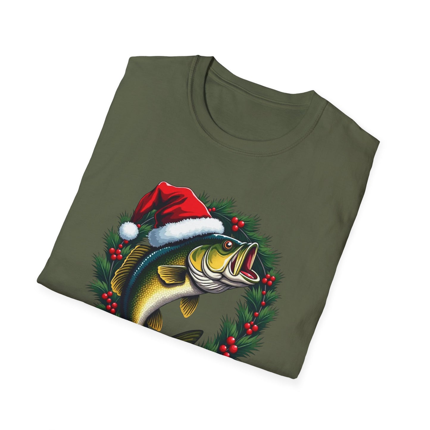 Christmas Wreath Bass Fishing T-Shirt — Santa Hat Fish Holiday Tee