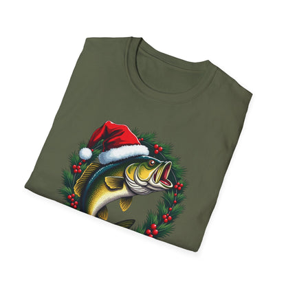 Christmas Wreath Bass Fishing T-Shirt — Santa Hat Fish Holiday Tee