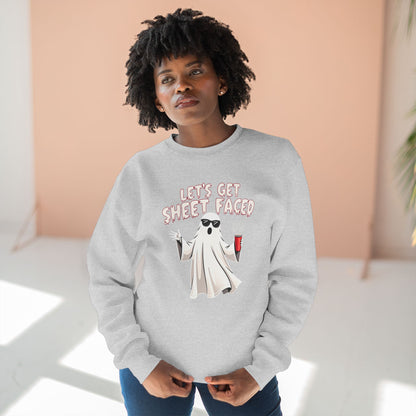 Halloween Ghost Sweatshirt — "Let's Get Sheet Faced" Funny Party Crewneck
