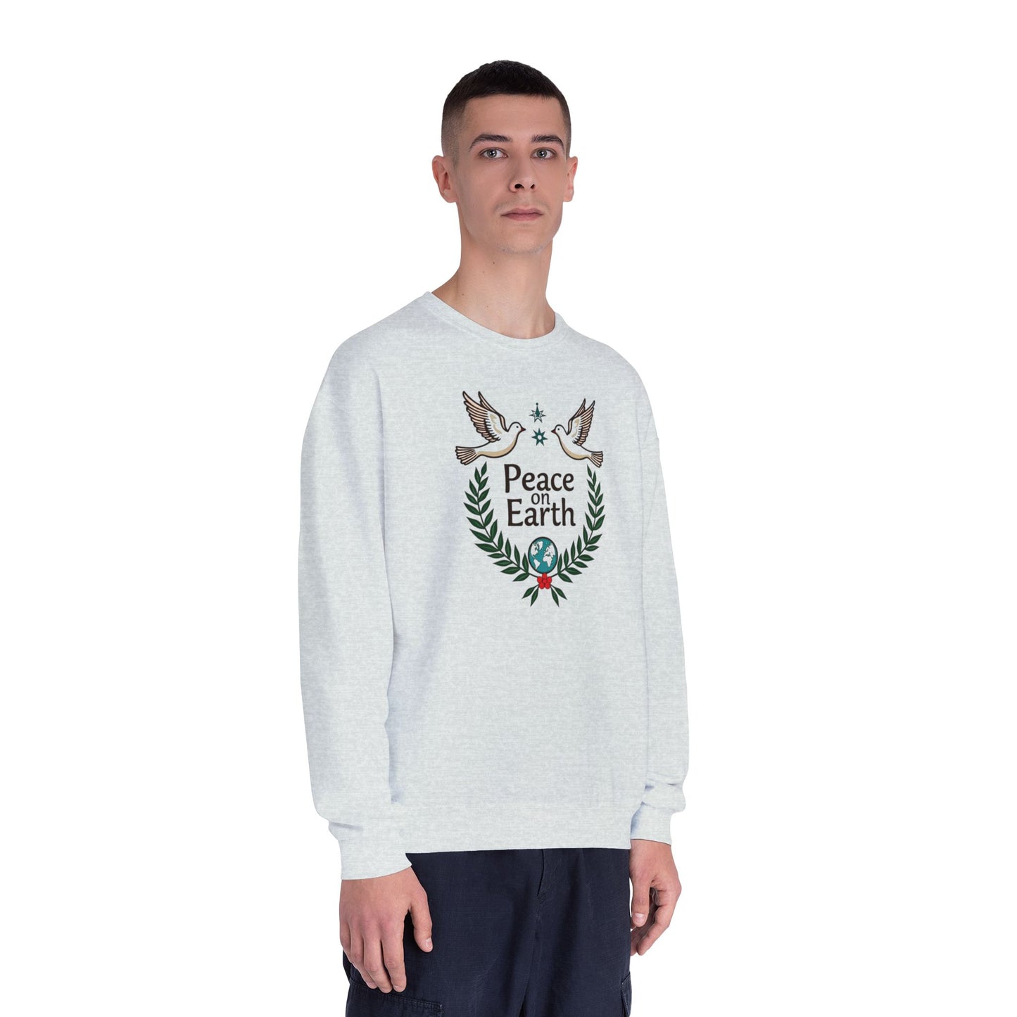 Peace on Earth Crewneck Sweatshirt — Holiday Dove & Laurel Graphic