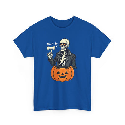 Halloween Skeleton Tee — 'Want to?' Pumpkin Jack-O'-Lantern Graphic Shirt
