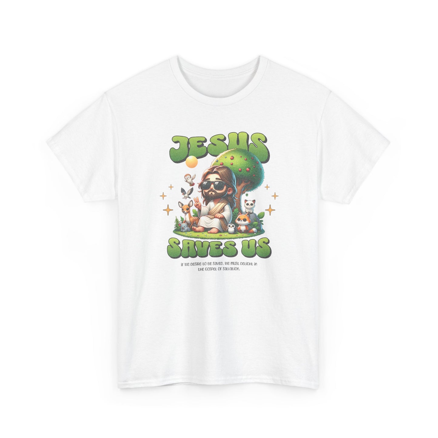 Jesus Saves Us T-Shirt — Cute Retro Jesus with Animals Christian Faith Tee