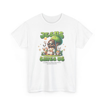 Jesus Saves Us T-Shirt — Cute Retro Jesus with Animals Christian Faith Tee
