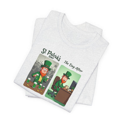 St. Patrick's Day Leprechaun Funny Cartoon T-Shirt — "St. Patrick's Day / The Day After" Tee