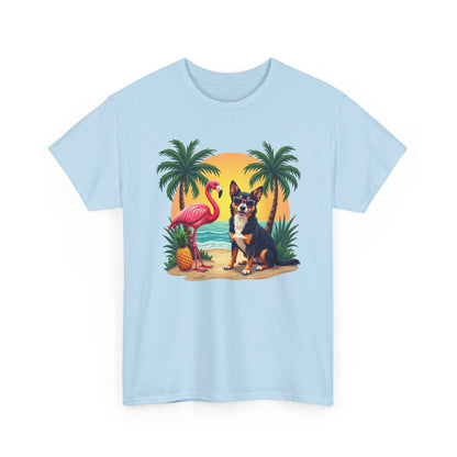 Dog Beach Sunset T-Shirt — Tropical Flamingo Palm Tee