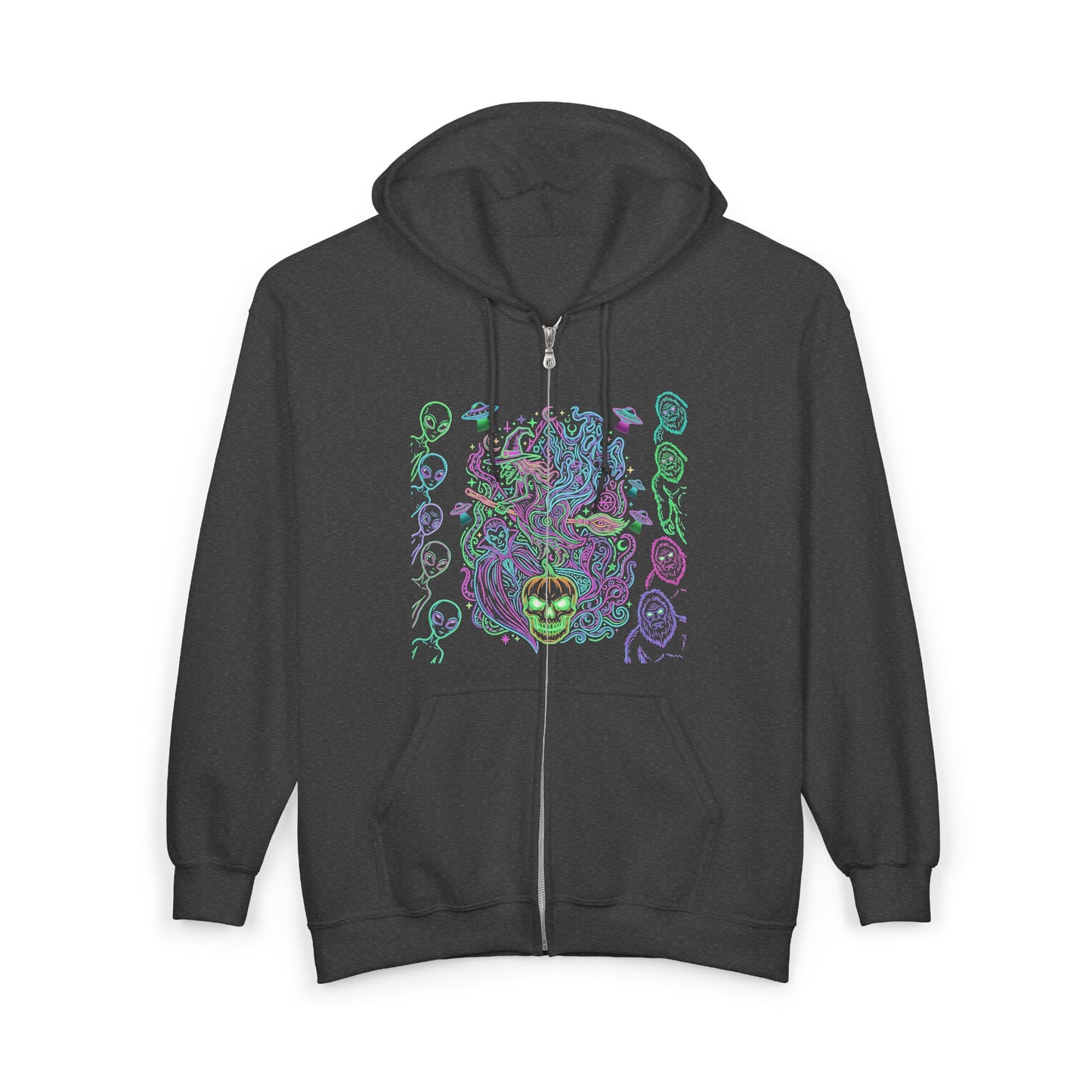 Psychedelic Watchers and Monsters,  Halloween Zip Hoodie — Neon Trippy Alien Art Full‑Zip Sweatshirt