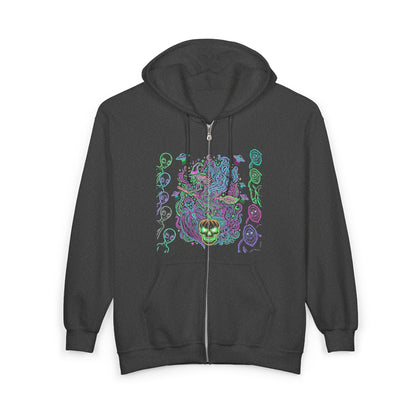 Psychedelic Watchers and Monsters,  Halloween Zip Hoodie — Neon Trippy Alien Art Full‑Zip Sweatshirt